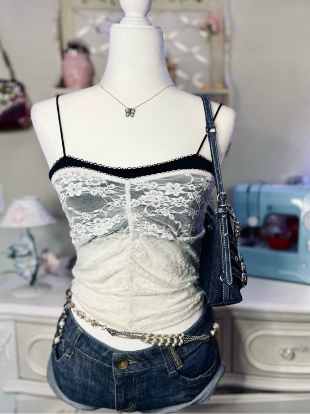 Lace Trim White & Black Cami Top -Layered Tank